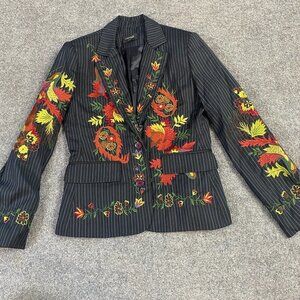 Forwear New York Womens Blazer 6 Blue Pinstripe Embroidered Floral